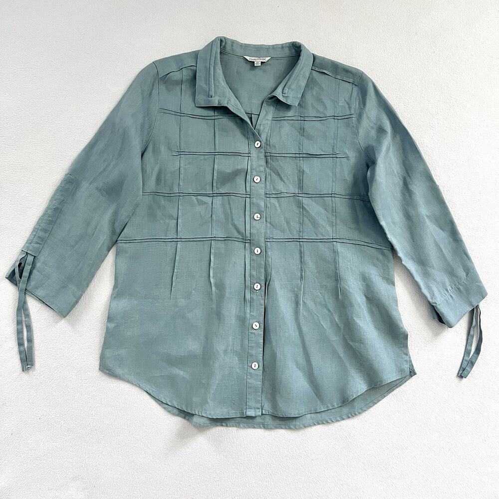 John Mark Blue Green Linen Button Pintuck Cinch Tie Cuff 3/4 Sleeve Shirt M